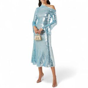 Self Portrait Blue Sequin Asymmetric Midi Dress Womens 4